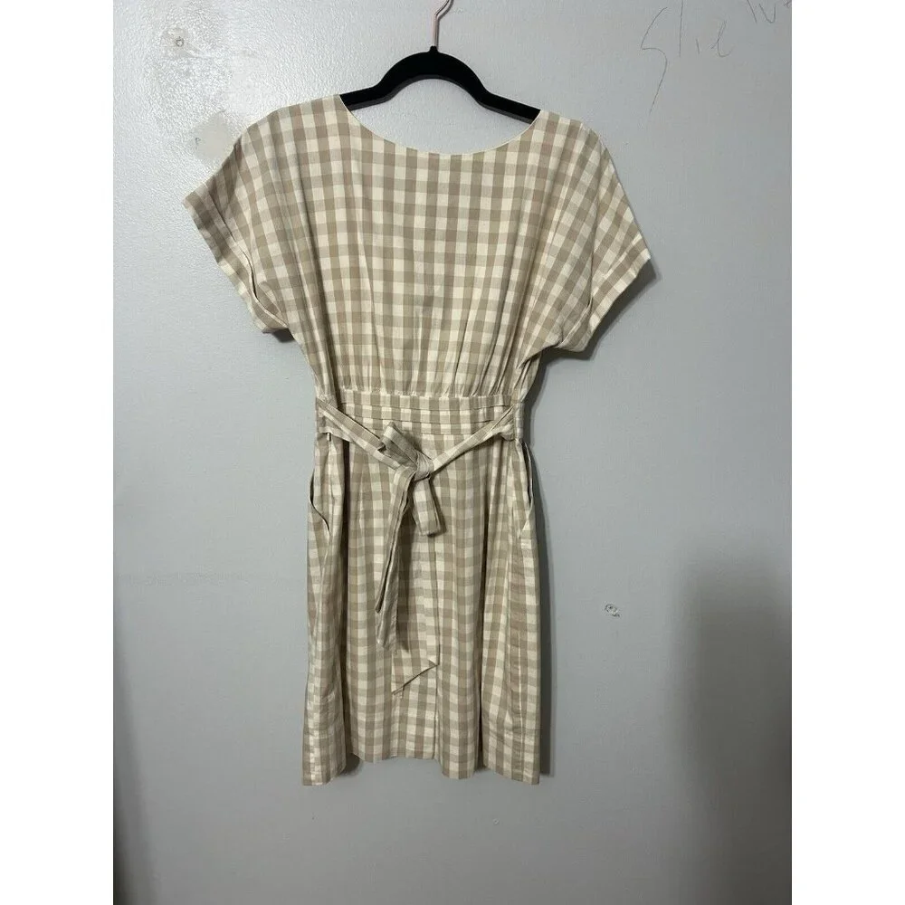 Anthropologie HD in Paris Gingham Print Short Sleeve Belted Dress in Tan Size 4 - Picture 7 of 7